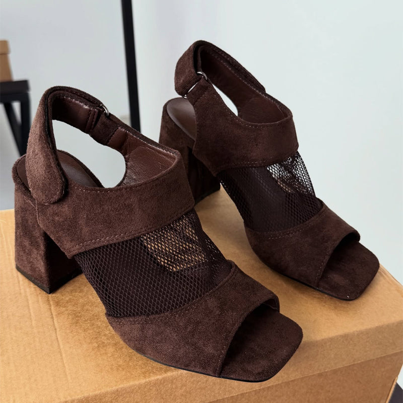 Fashion Mesh Cutout Thick Heel Fishmouth Sandals