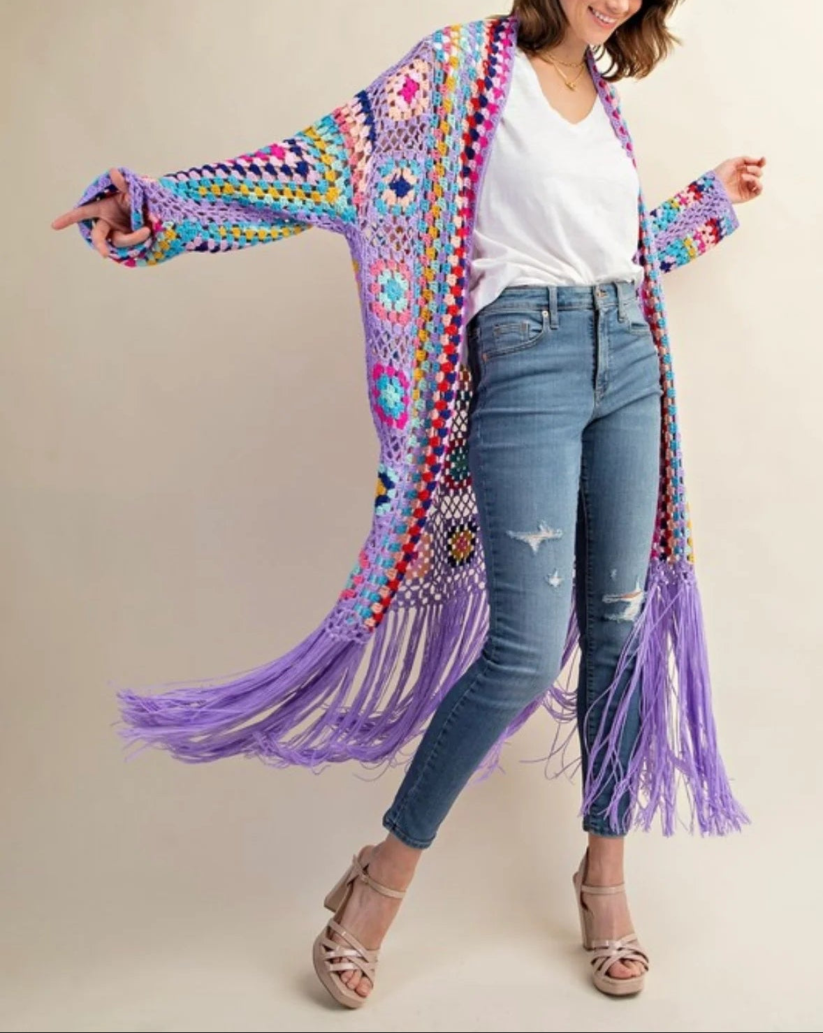 （✔️Free shipping） Crochet Cardigan with Bottom Fringe in Lavender