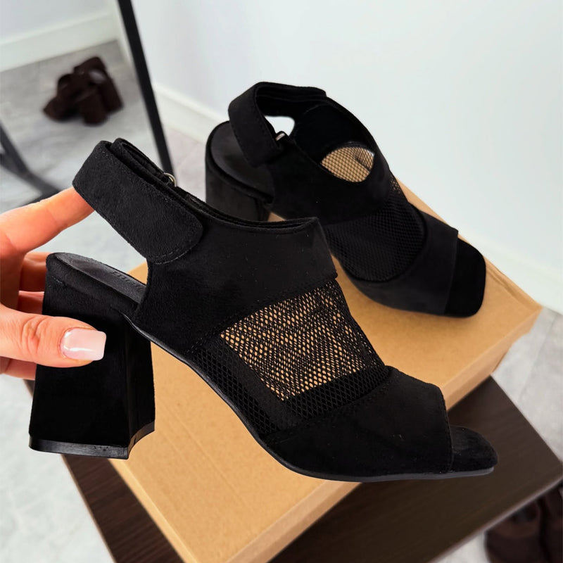 Fashion Mesh Cutout Thick Heel Fishmouth Sandals