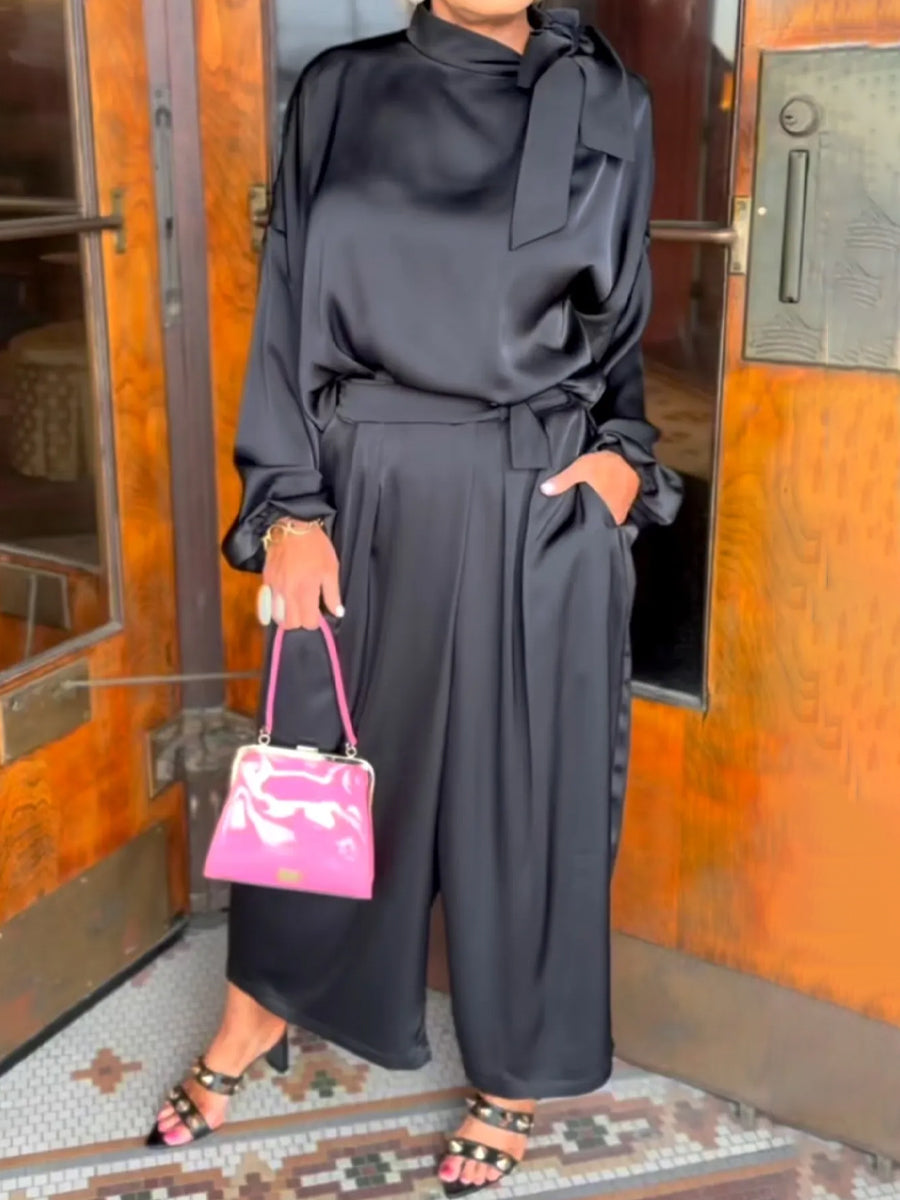 Graceful Shoulder Bow Satin Two Pieces Set