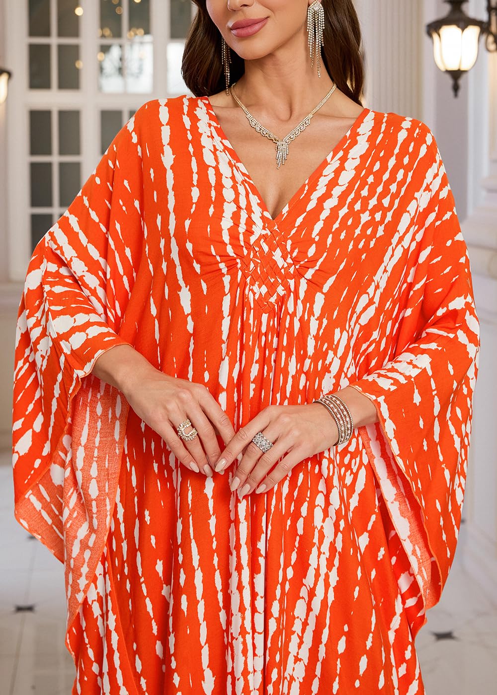 Women V Neck Orange Turkish Kaftan Dresses Bathing Suit Beach