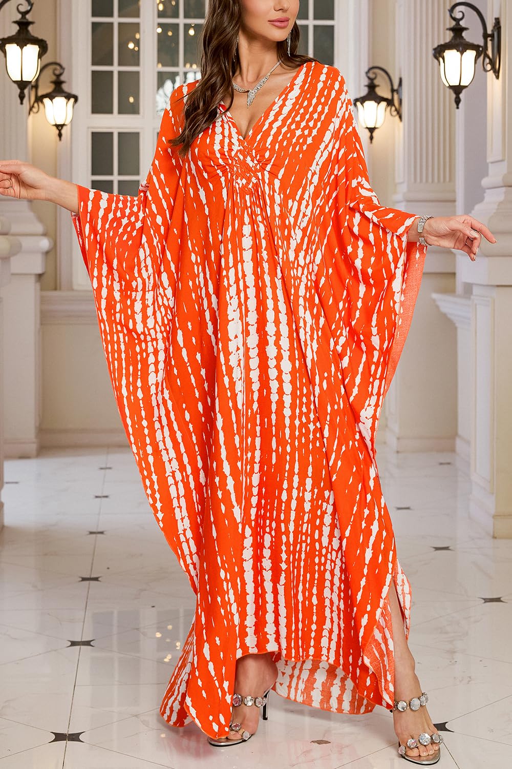 Women V Neck Orange Turkish Kaftan Dresses Bathing Suit Beach