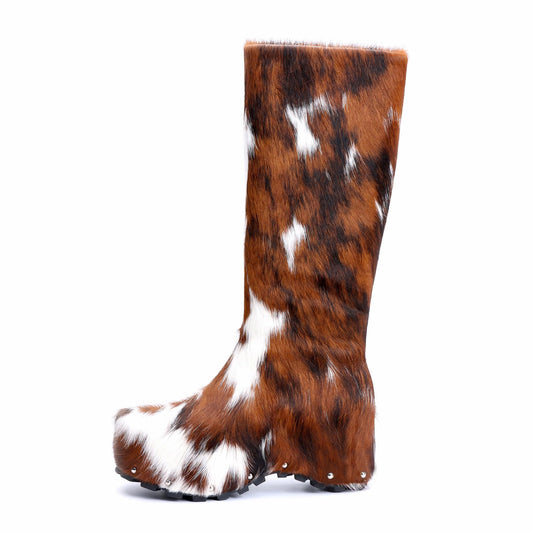 Platform Sole Imitation Calf Hair Knee-High Winter Boots