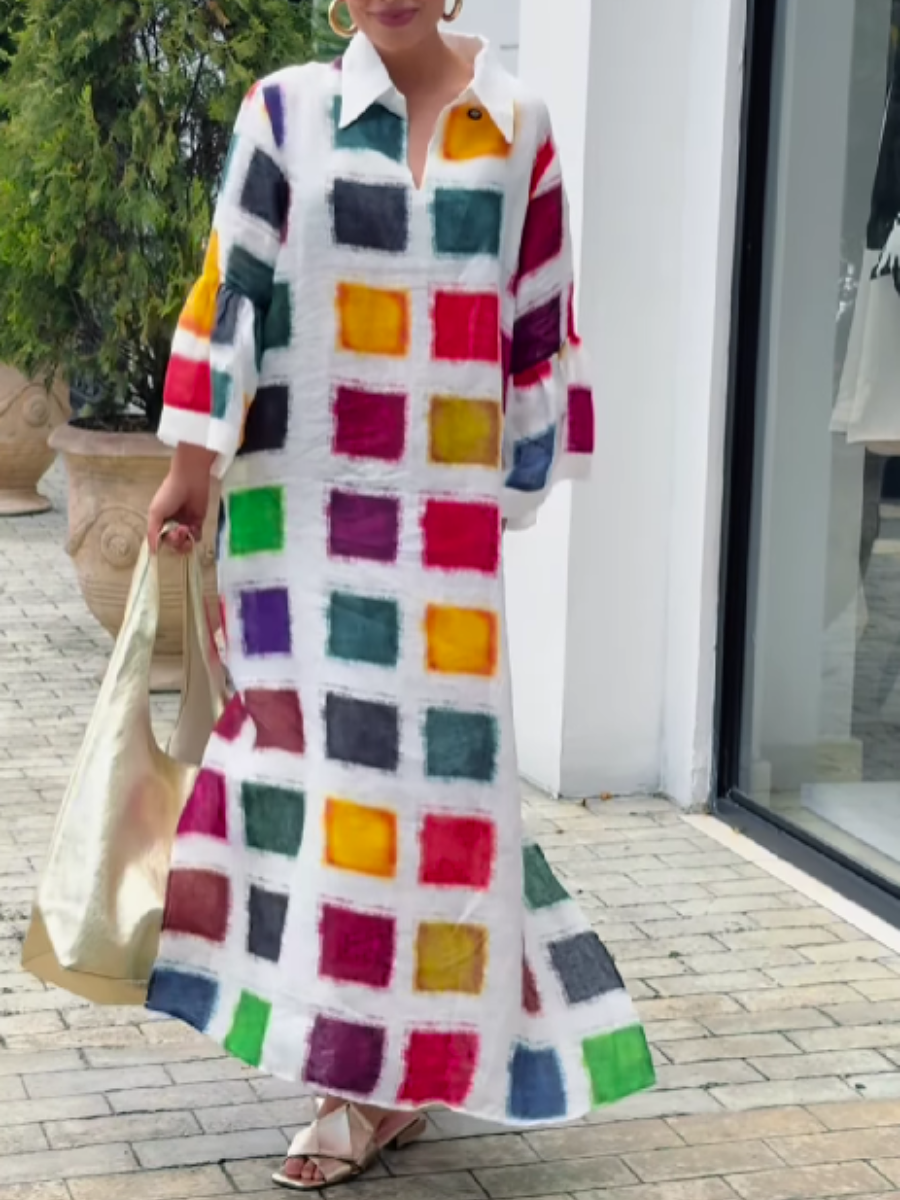 Plaid Long Horn Line Loose Dress