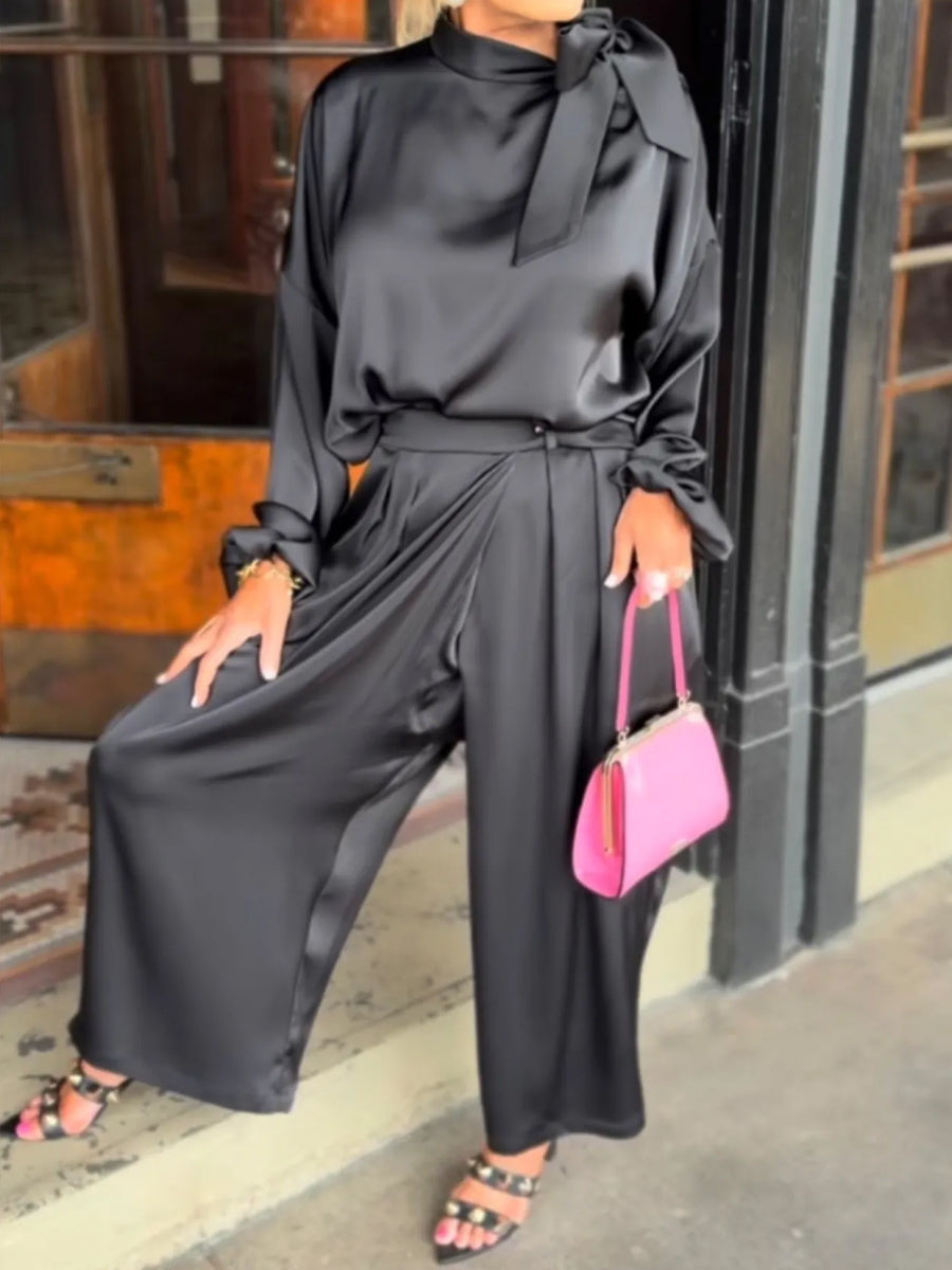 Graceful Shoulder Bow Satin Two Pieces Set