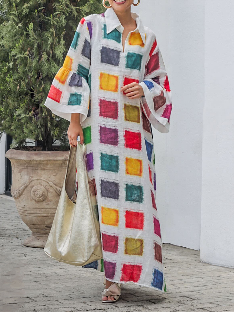 Plaid Long Horn Line Loose Dress