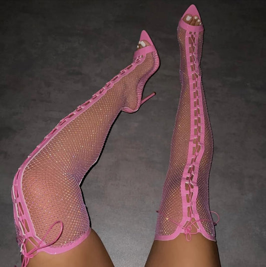 Sexy Mesh Openwork Thigh-High Heeled Boots