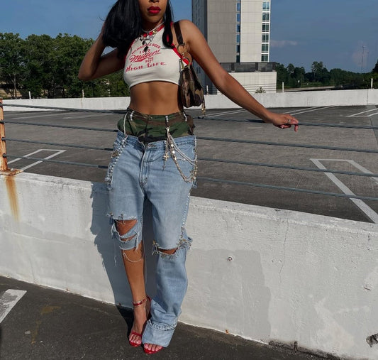 Asymmetric Camouflage Patchwork Ripped Jeans