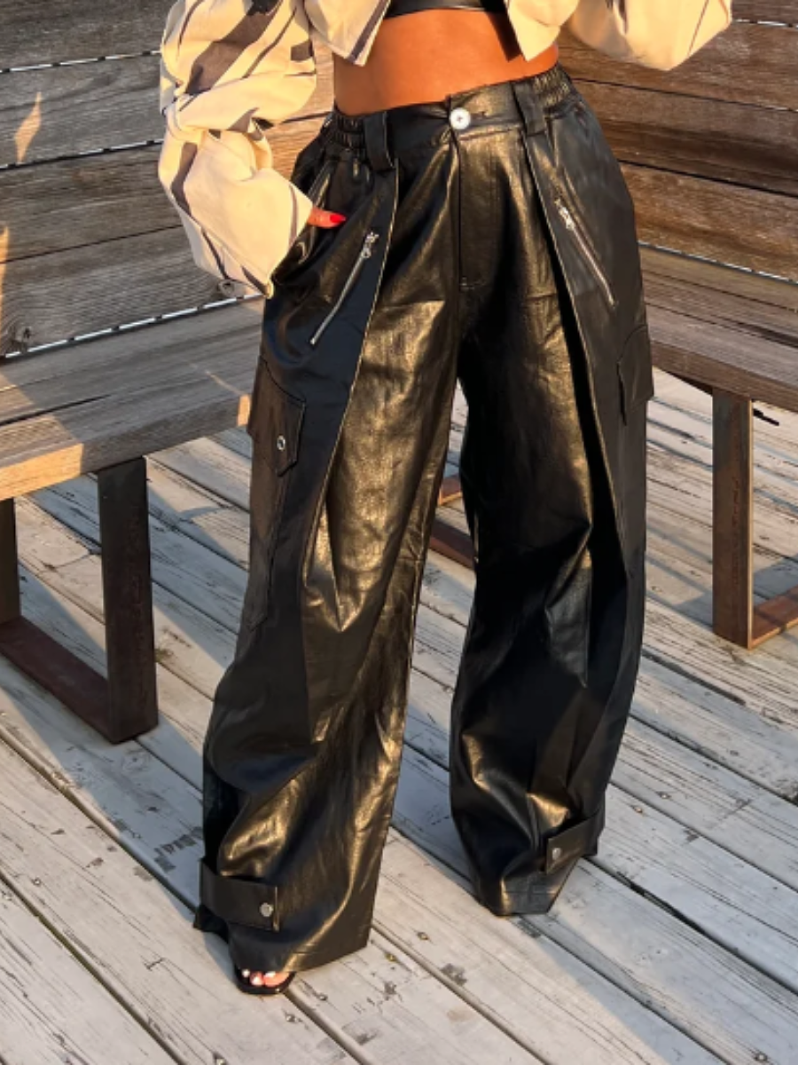 PU Wide-leg Leather Pants