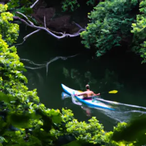 An image showcasing a person kayaking through a serene river surrounded by lush green forests, highlighting the perfect outdoor activity to complement indoor workout sessions