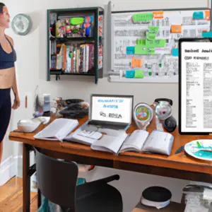 An image featuring a busy professional in their home office, surrounded by a cluttered desk and a packed schedule