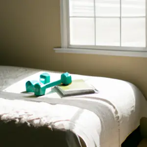 An image that showcases a serene bedroom, with a neatly arranged yoga mat, dumbbells, and a fitness journal on a nightstand