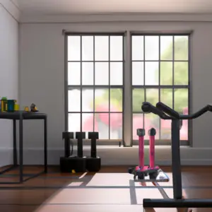 An image showcasing a cozy corner of a home gym with sunlight streaming through large windows, highlighting an assortment of workout equipment like dumbbells, yoga mats, and resistance bands neatly organized on shelves
