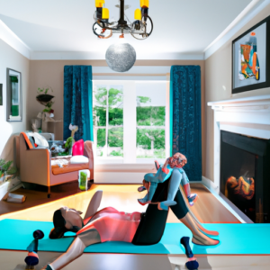 An image showcasing a serene living room transformed into a home gym, adorned with resistance bands, dumbbells, and a yoga mat