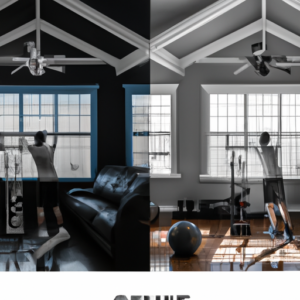 An image showcasing two contrasting scenes: a well-equipped home gym with natural light and a spacious commercial gym bustling with activity