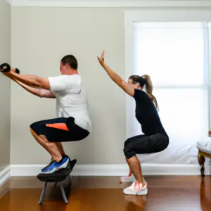 An image showcasing two individuals in a home gym, working together and motivating each other during a challenging workout session