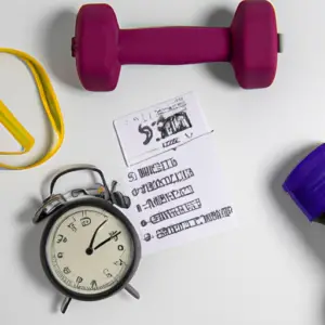 An image showcasing a person effortlessly juggling a busy schedule, featuring a compact workout space with weights, resistance bands, and a stopwatch, emphasizing the theme of express training for hectic agendas