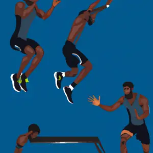 An image showcasing plyometric training for explosive power: a dynamic athlete, mid-air, springs from a depth jump, legs fully extended, arms reaching for the sky, capturing the essence of raw power and strength