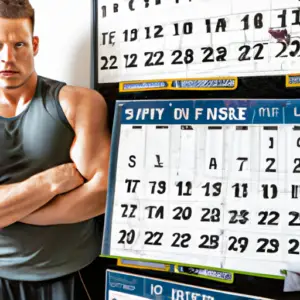 An image showcasing a person in workout attire, standing in a well-lit home gym, surrounded by fitness equipment, a calendar with marked goals, and a focused expression on their face