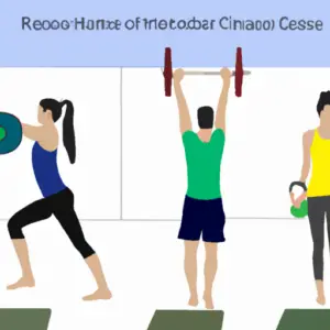 An image showcasing a diverse range of home workouts: a person lifting weights, another doing yoga, a third using resistance bands, and a fourth doing cardio exercises
