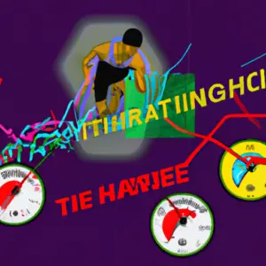 An image depicting the science of high-intensity interval training using vibrant colors, showcasing a person in athletic gear performing intense exercises on a stopwatch, surrounded by pulsating graphs and heart rate monitors