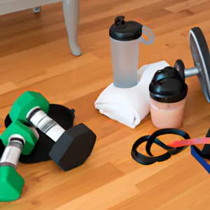 An image showcasing a home fitness setup: a well-equipped gym with dumbbells, exercise mat, resistance bands, and protein shakes on a nearby table