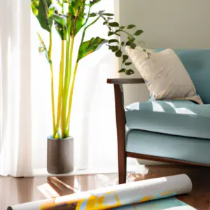 An image showcasing a cozy, sunlit living room with a yoga mat rolled out, surrounded by plants and a serene ambiance