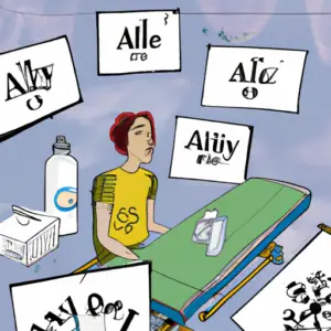 An image showcasing a person with allergies navigating through a gym, surrounded by symbols of indoor exercise like treadmills, dumbbells, and a yoga mat, while emphasizing their struggle with allergens