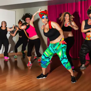 An image showcasing a vibrant dance studio filled with energetic individuals, clad in colorful Zumba attire, moving gracefully to the rhythm of Latin music, exuding joy and sweat, epitomizing the ultimate workout experience