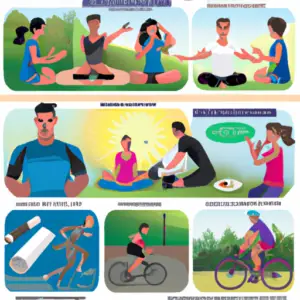 An image showcasing various strategies to prevent training burnout: a runner stretching before a workout, a person meditating in nature, a cyclist using foam rollers, and a group of friends enjoying a post-workout meal