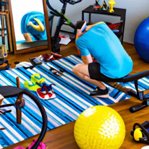 An image showcasing a clutter-free, well-lit home gym with vibrant exercise equipment neatly arranged