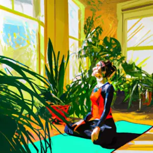 An image showcasing a sunlit room with a vibrant yoga mat, surrounded by lush green plants