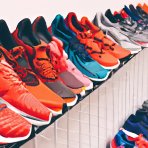 An image showcasing a diverse range of athletic shoes neatly organized on a colorful display rack, emphasizing various styles and sizes, to illustrate a blog post on finding the perfect workout shoes for indoor training